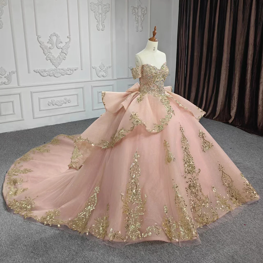 dark pink and gold dress Long Fit & Flare Corset Prom Dress with Rose Gold Glitter Print main image 0