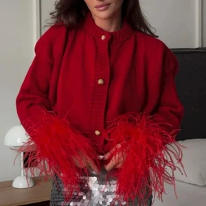 Fashion Feather Patchwork Knitted Cardigan Women Elegant Street Tops Long Sleeve Single Breasted Short Loose Sweater Coats