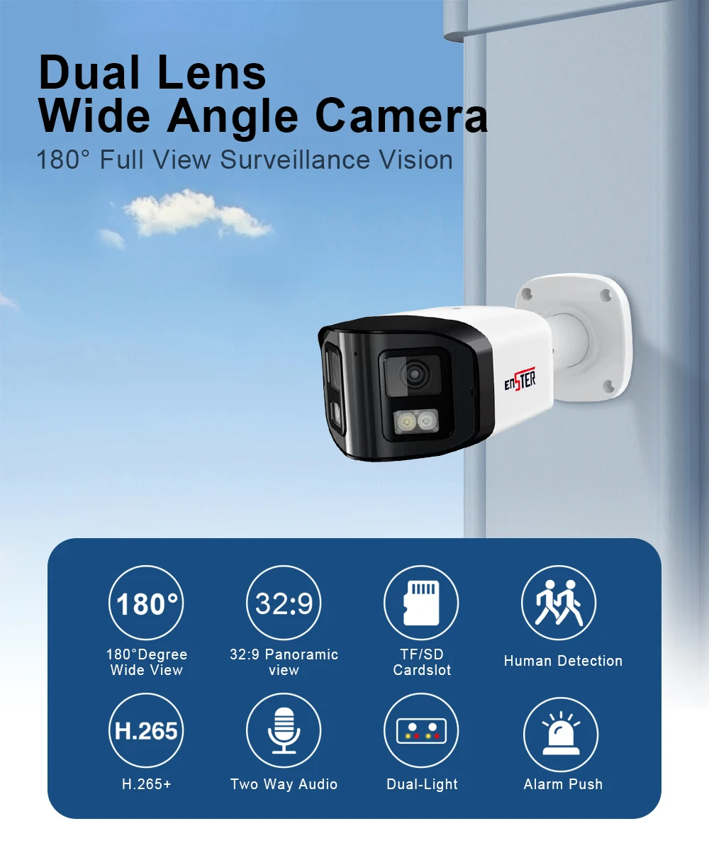 4MP Dual Lens 180 Degree Panoramic Hik Compatible IP PoE Security Camera ColorVu IP66 Two Way Audio Outdoor CCTV Bullet Camera