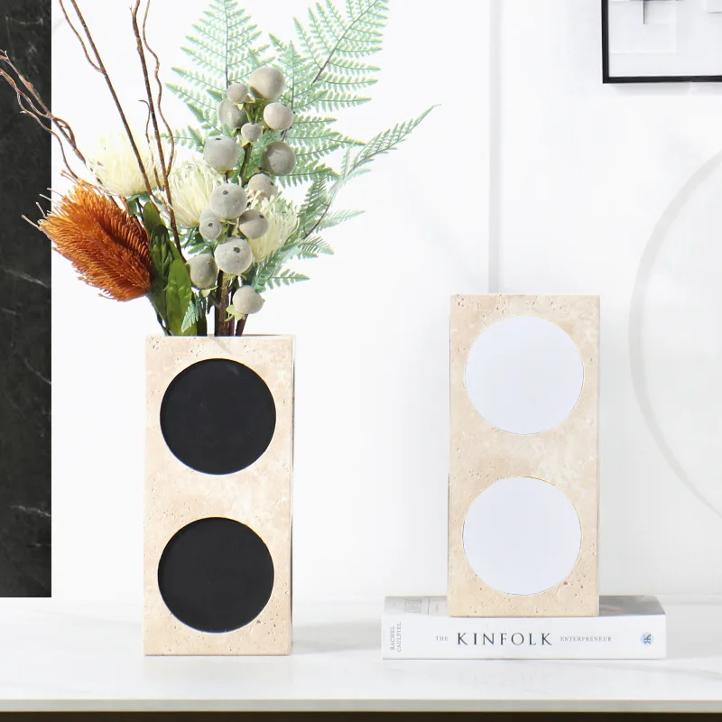Simple Modern Creative Yellow Travertine Square Dot Vase Arrangement Art Home Marble Flower Ornament Hotel Party Decoration