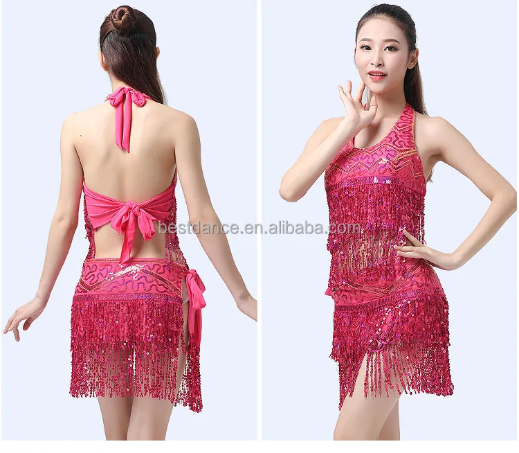 Belly Dance Costume Bra Top + Hip Scarf Set And Dress Sequined Latin