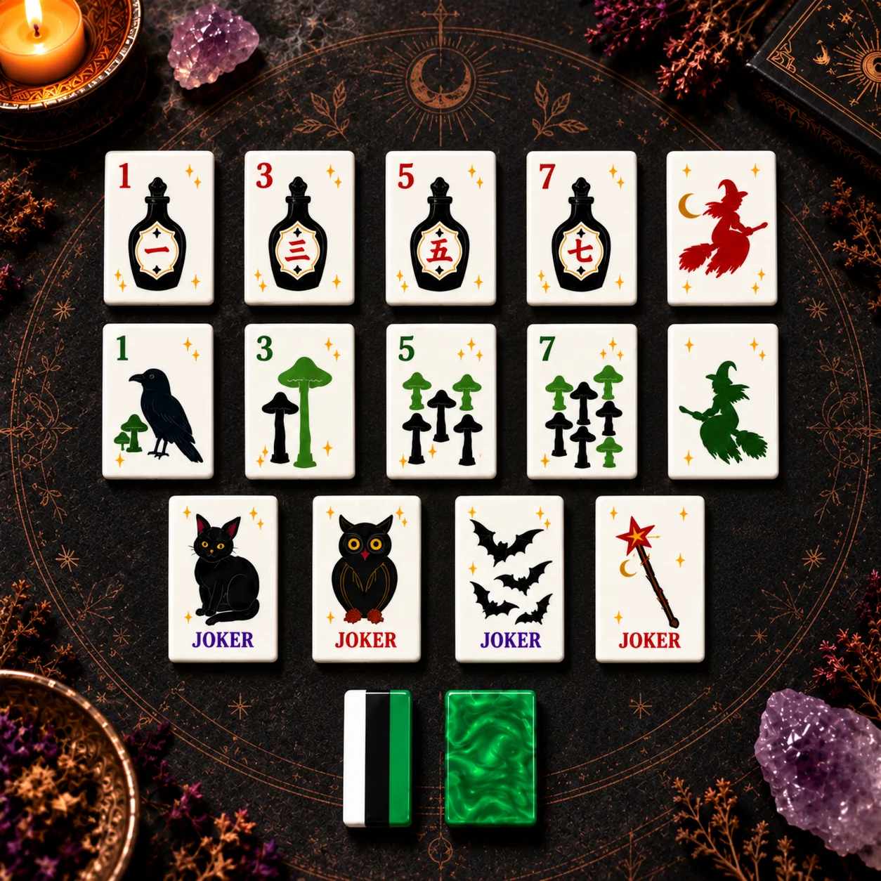 Mystic Witch Theme Luxury American Mah-Jongg Set Tiles Acrylic Material Potion Raven Mushroom Print Joker Family Holiday