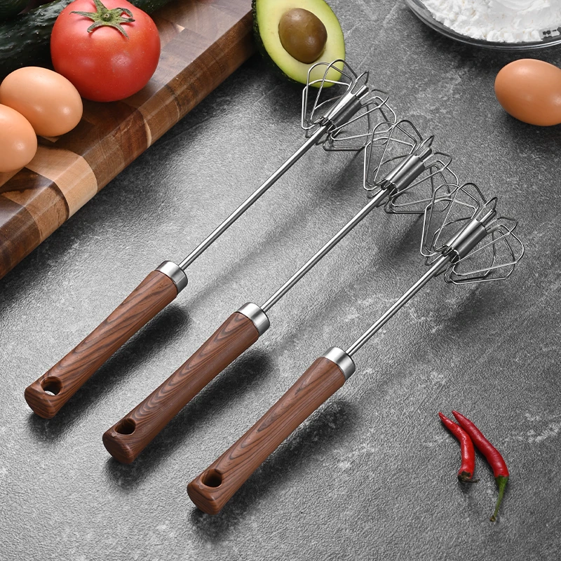 Fine Quality Baking Tools Wood Hand Push Semiautomatic Egg Whisk Beater Mixer Self Stirring