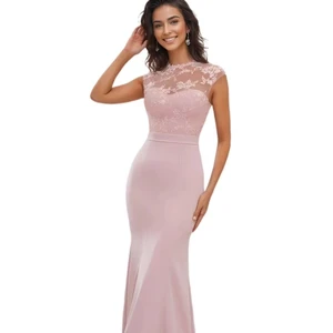 Lace Illusion Mermaid Bridesmaid Dress - Sleeveless Blush Formal Gown Evening Party Dress