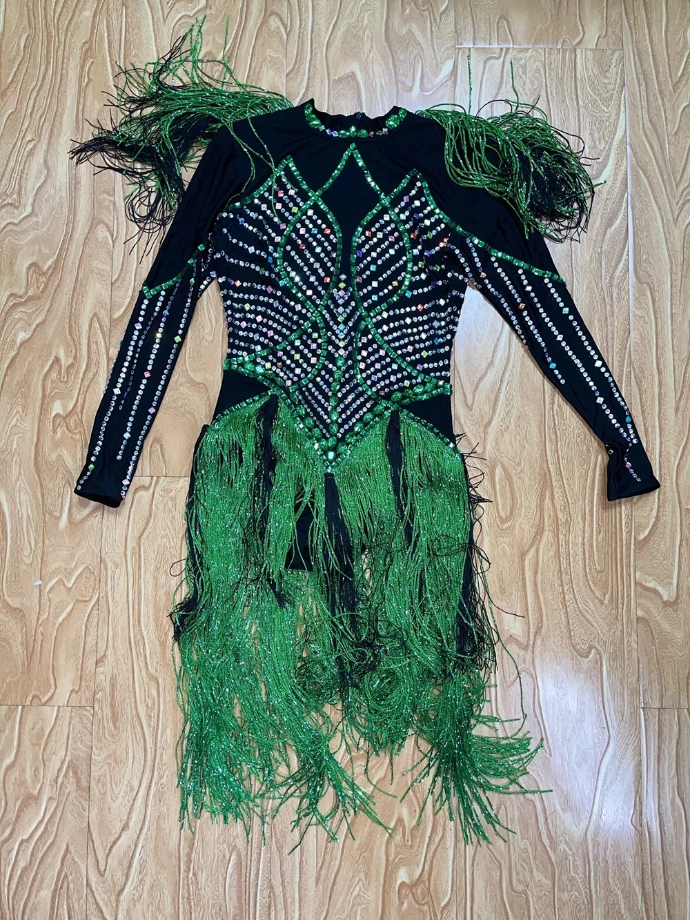 Green Party Dress Rhinestone Fringe Spandex Birthday Bodysuit Celebrate  Prom Show Wear Green Mesh Dresses