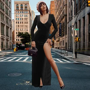 Hot Selling Women's Deep-V High-Slit Sexy Bodycon Club Dress Long Sleeved with Empire Waistline & Ruched Decoration