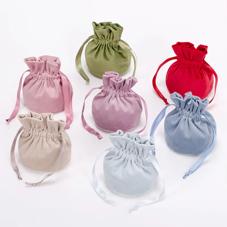 Drawstring Velvet Bag Round Bottom Velvet Pocket Colorful Jewelry Gift Wedding Candy Drawstring Storage Bag