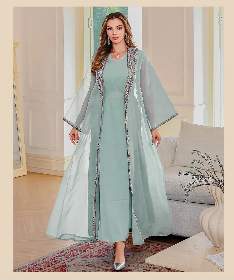 2PCS Muslim Women Dress Dubai Abaya Kaftan Turkey Embroidery Jalabiya  African Party Gown Arab Robe Islam Clothing Kebaya Caftan