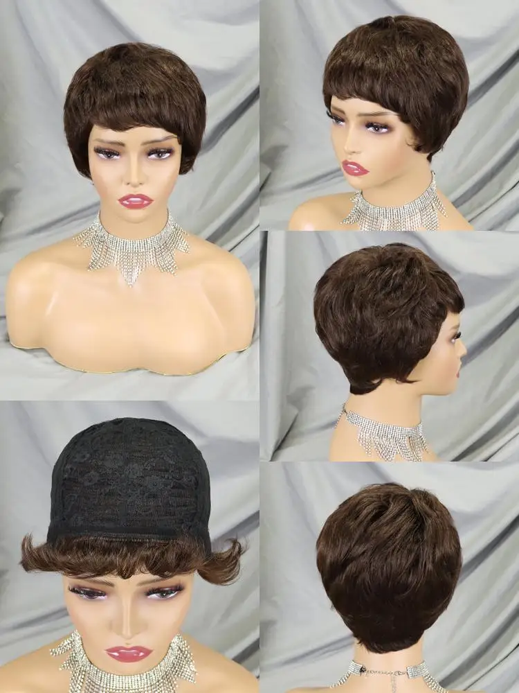 100% Human Hair Pixie Cut Wigs with Bangs Short Glueless Wig  display picture 2