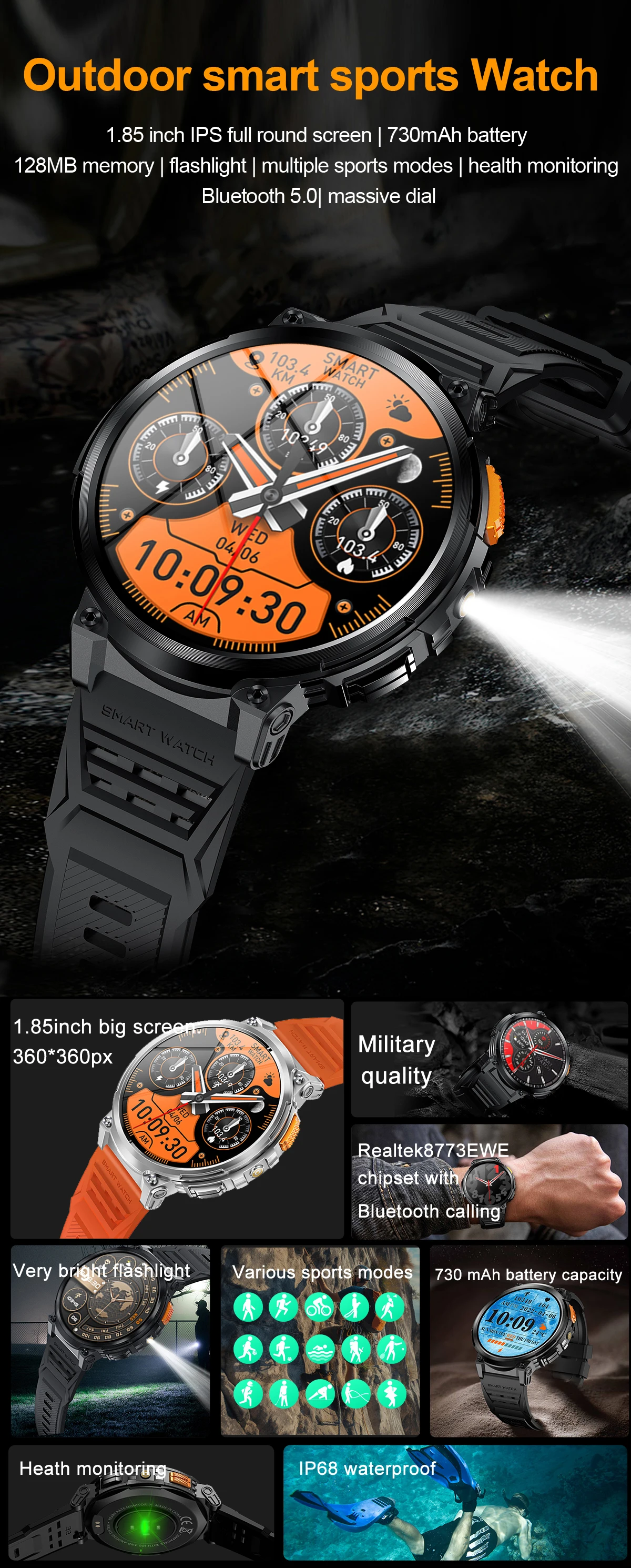 Welcome OEM Order, Factory Whole Selling K66 Smartwatch 1.85inch Flashlight Bt Call Music 730mah Battery Heart Rate Multiple Sports Modes Waterproof Relojes Inteligentes - Buy K66 Smartwatch relojes Inteligentes waterproof Relojes Inteligentes