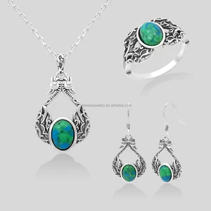 Sterling SilverTrendy Necklace/Earrings/Ring Set  S925 Silver Fine Jewelry Set with Turquoise Children Women Gift