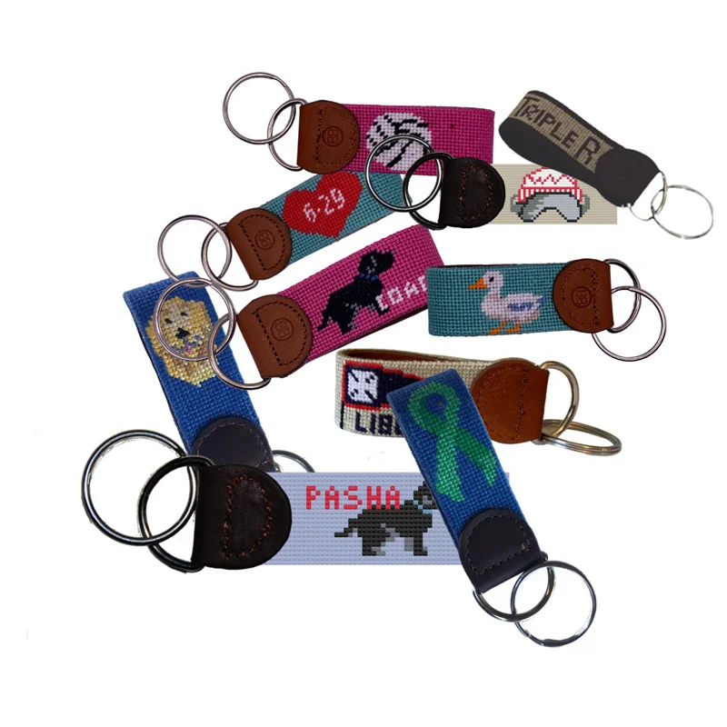 SNK006 Custom Design Key Chain Genuine Leather Key Holder with American Flag Stitch & Needlepoint Fashionable Handcraft Key Fob