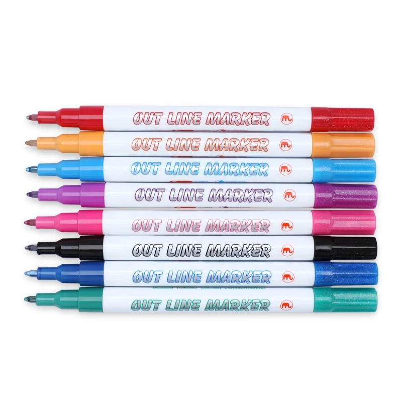 Customized 8 Colors Out Line Marker Drawing Writing Double Line Metallic Marker Pen Writing Painting Outline Marker
