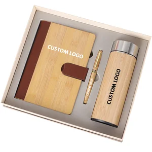 Custom A5 Note Book Gift Set Wood Bamboo Diary Planner Journal Notebook with Pen Thermal Mug