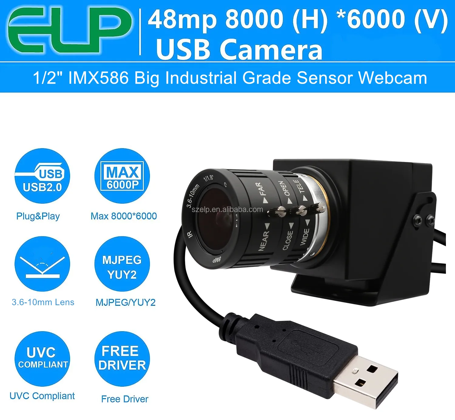 Caméra USB 48 MP 8K ELP – Objectif Zoom Manuel 10x (5-50 Mm) – Compatible Windows, Mac, Linux – Pour Streaming, Microscope