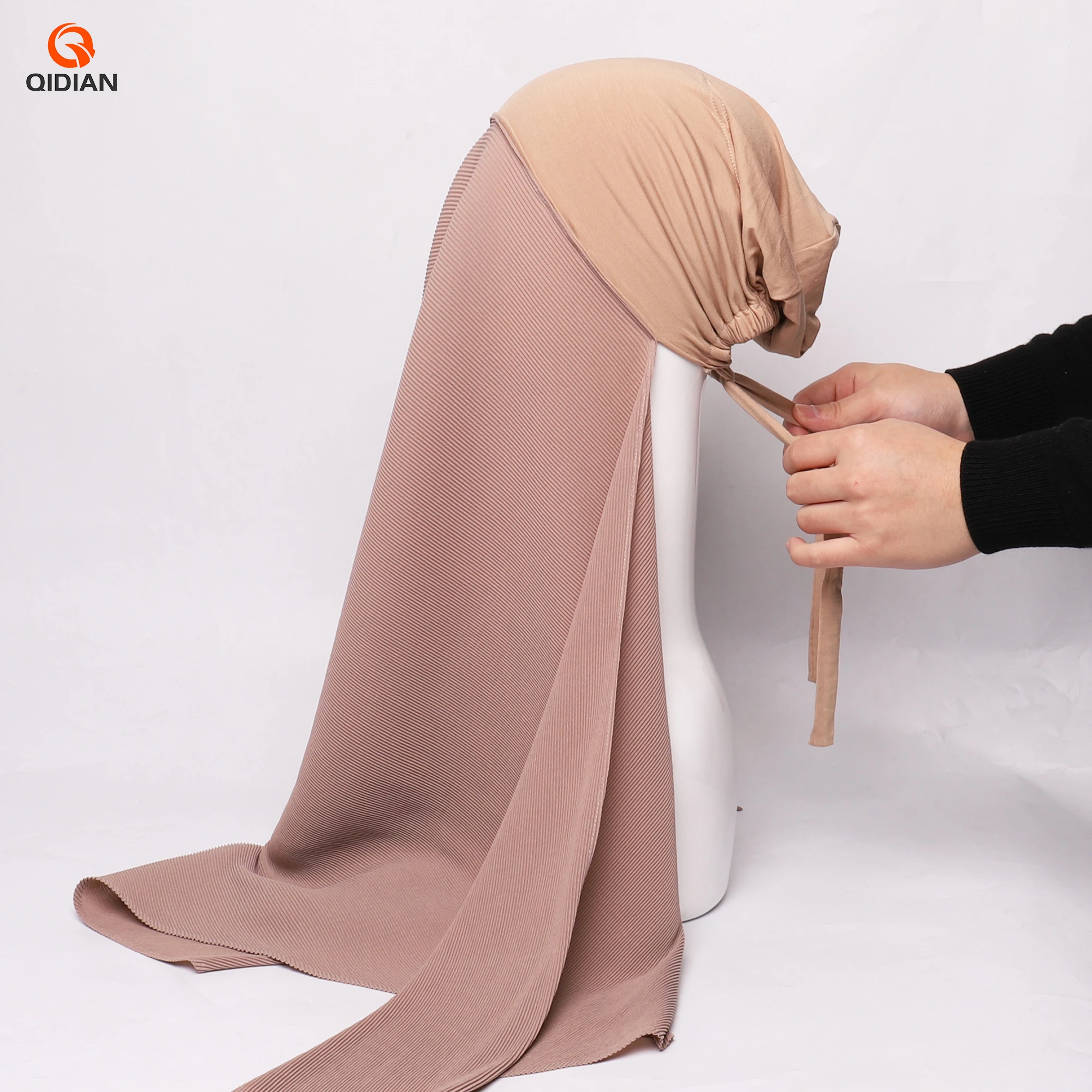 Pleated Triangle Chiffon Shawl Instant Attached Inner Women Hijab Scarves  Easy to Wear