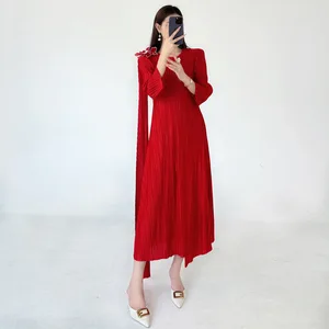 Miyake Design 2025 Autumn Elegant Pleated Casual Dress Loose & Fashionable Solid Color Temperament with Irregular Women's Dress