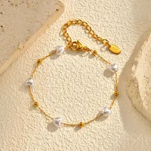 High Quality Fine Jewelry Women's Spacer Beads Stainless Steel Link Chain Bracelet Gold Plated Pearl Bracelet