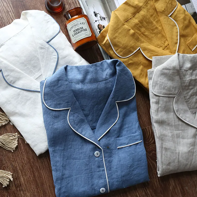 Hot Sale Skin-friendly Breathable Casual Knitted Linen Men's Pajamas and Ladies Pajamas Family Suits