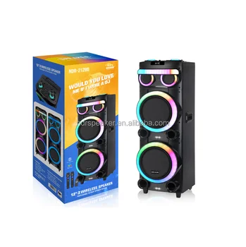 2024 New Trending Wooden Speaker 2x12 Inch Party Box 1000 Colorful Light Portable Speaker With Two Wireless Microphones