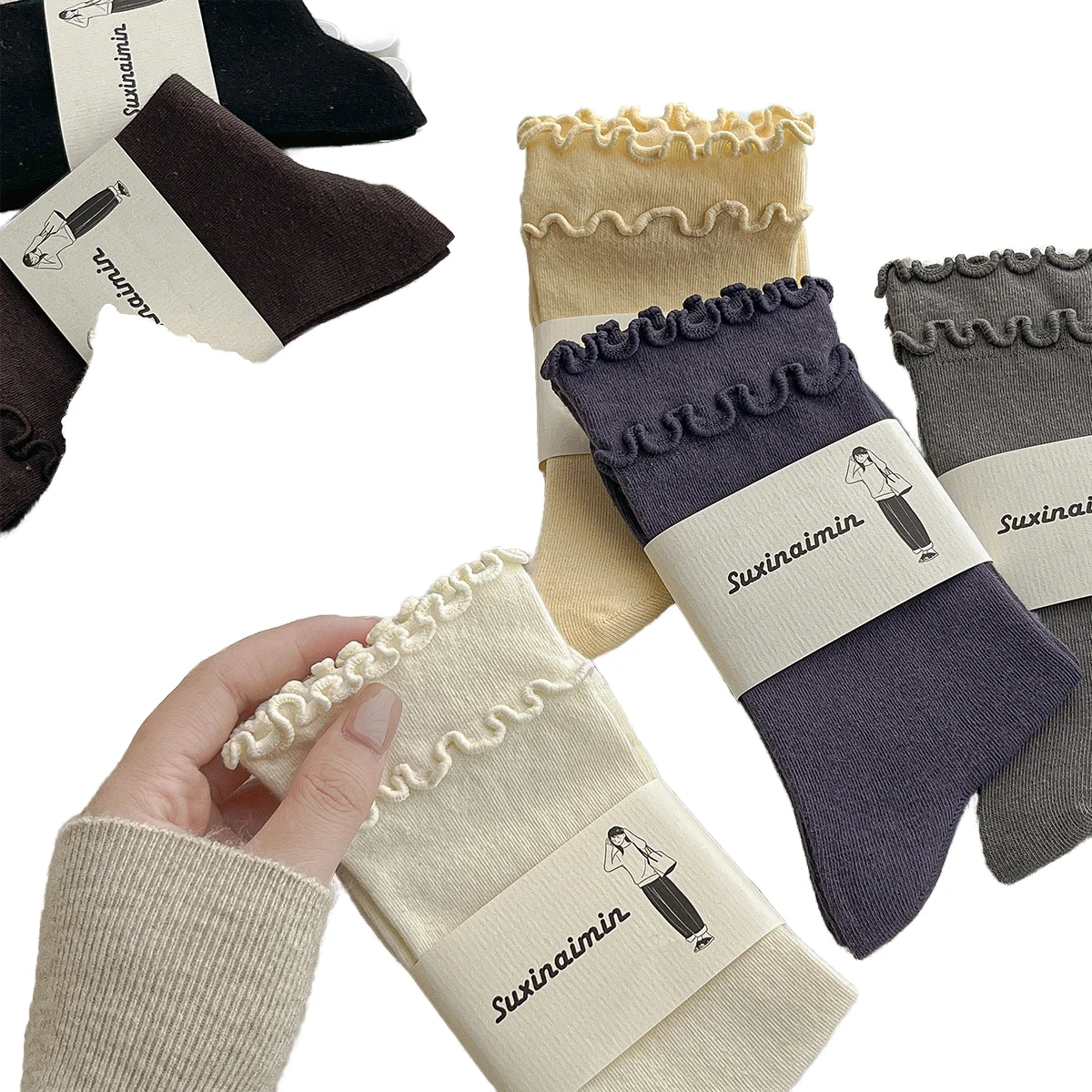 Calzini a costine con volant da donna, comodi in cotone per giorno_voghion.com