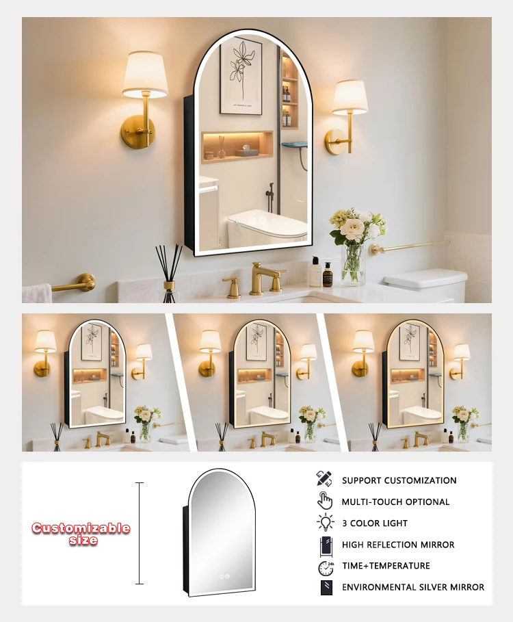 product modern wall mounted arch cabinet mirror anti fog adjustable shelf led medicine cabinet with single door for bathroom-4