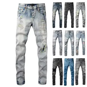 High Street Men's Jeans Cotton Wholesale Slim Fit Straight Pants Mid Waist Breathable Ripped Distressed Wash Button