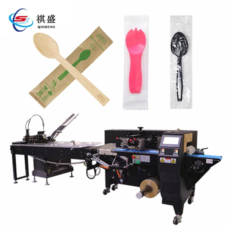Auto Packaging Wrapping Spoon Machine Disposable Plastic Paper Wood Cardboard Soup Small Spoon Pillow Feeding Pack Machine