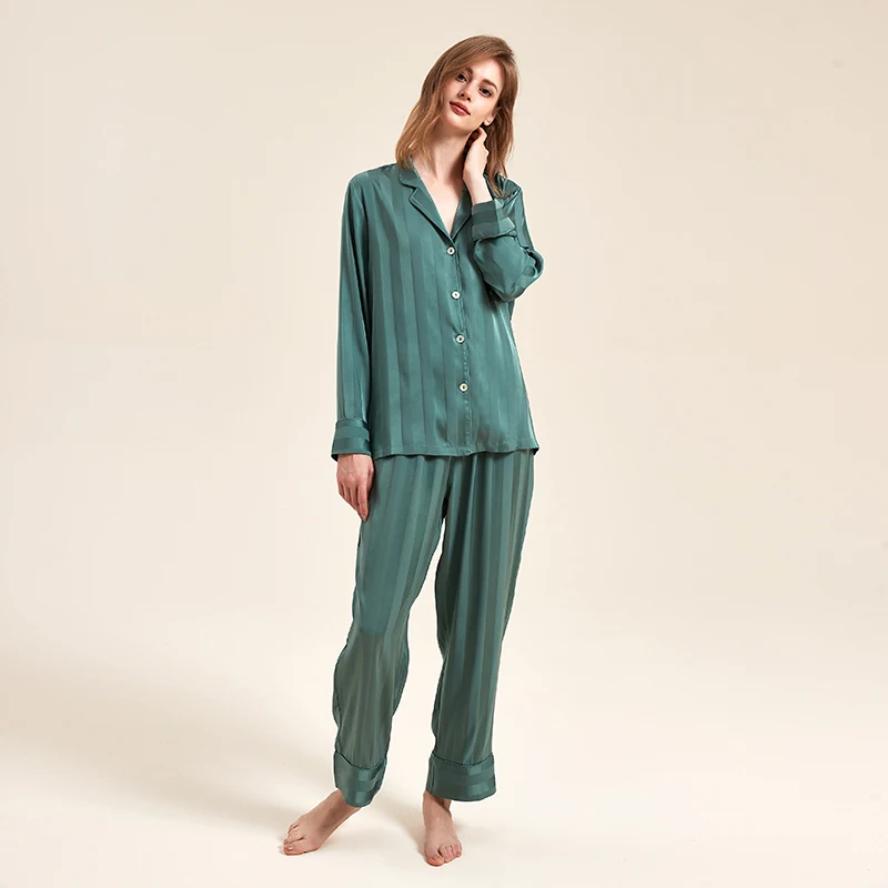 Source High Quality Simple Casual Ice Silk Satin Pajamas For Women  Long-Sleeved Loose Shirt Style Striped Jacquard Home Clothes Suit on  m.