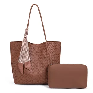 Custom New Design Two Set Woven Large Capacity  Women's Tote Bag Large Capacity Woven Women's Shoulder Bag