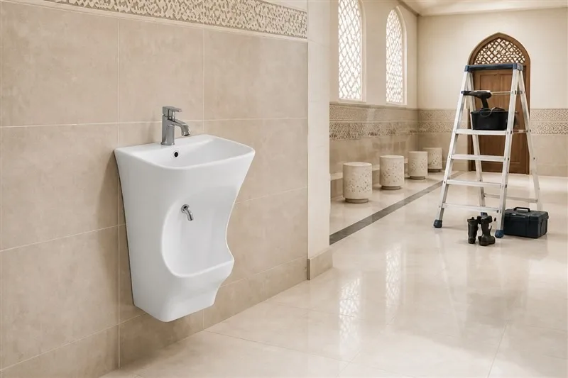 White ceramic wudu basin installed in a freshly renovated mosque washroom