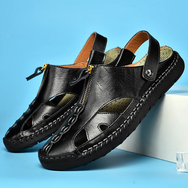Мужские пляжные сандалии без шнуровки, кожаные прочные сандалии ручной работы, Нескользящие, для прогулок и пляжа