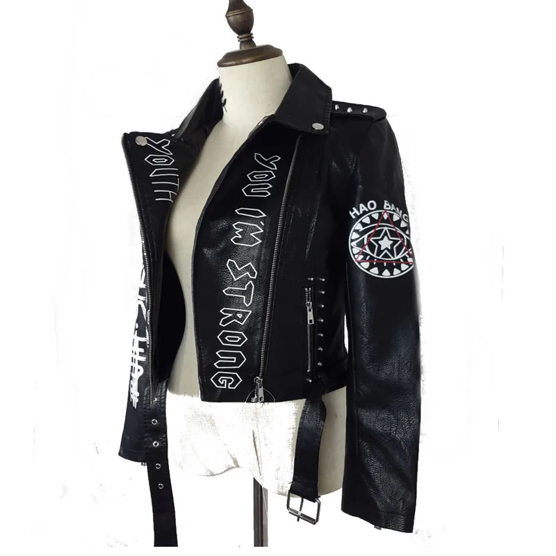 Street Graffiti Printing Crazy Contrast Color Motorcycle PU Leather Short Jacket for Woman