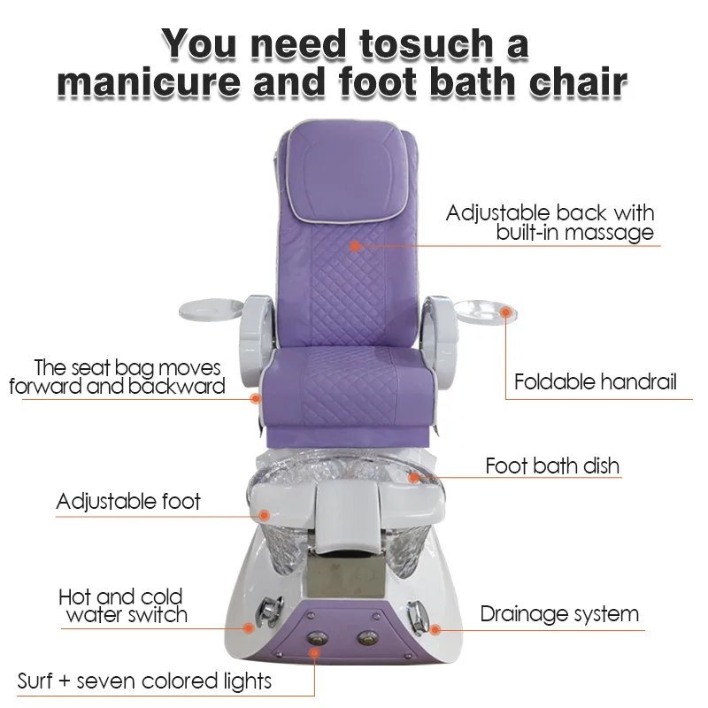 Purple Multifunctional Electric Spa Foot Massage Pedicure Chair Customizable Color Drainage Pump 7-Color LED Lamp Plastic