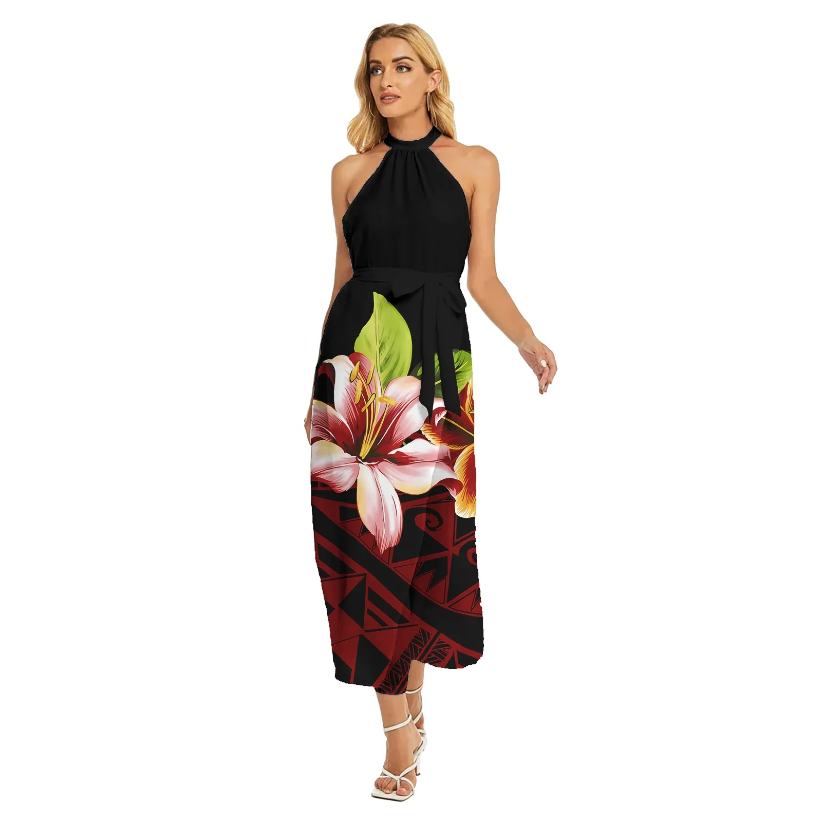 Hawaiian Tropical Style Floral Design Halter Elegant Ladies Dress Luxury  Design Chiffon Polynesian Prom Maxi Swing Dress
