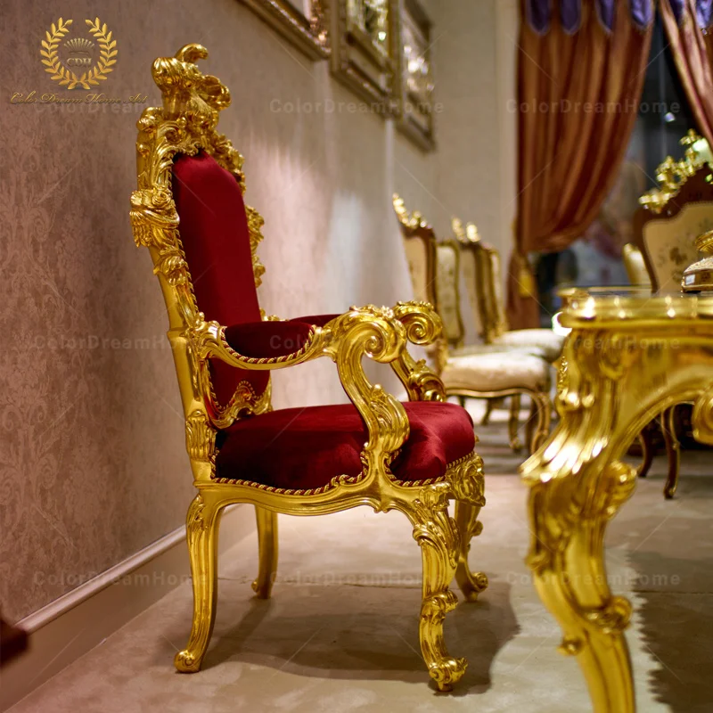 Royal Hand Carve Furniture Living Room Chairs and Desk Baroque Luxury  Golden Dining Chair With Arm