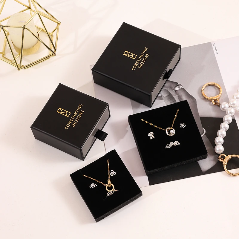 2024 A1 Simple Black Elegant Custom Logo Printed Paper Drawer Jewelry Box Unique Packaging Pendant Stud Ring Earring Gift Box factory