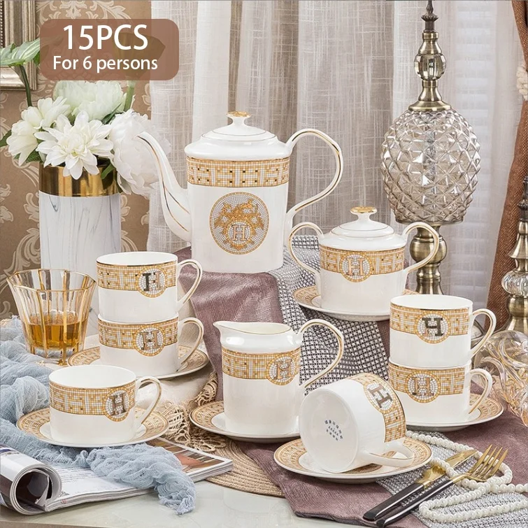 Wholesale 15pcs Bone China H Mosaic European Style Gold Edge Porcelain