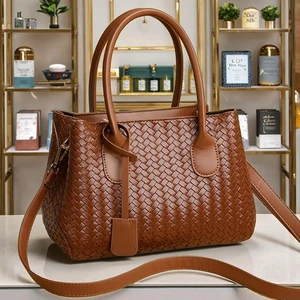 Women's Woven PU Leather Handbag Stylish Top Handle Tote with Removable Shoulder Strap Fashion Crossbody Bag