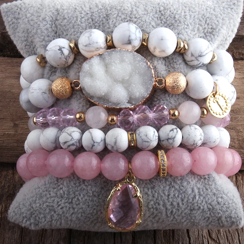 5 Braccialetti Elastici Oro Con Perline E Croce – Set Impilabile Fashion Donna