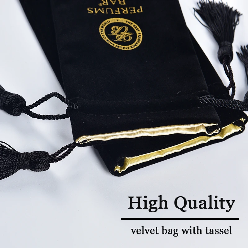 Custom Gift Packaging Dust Drawstring Velvet Perfume Bottle Pouch Black Shiny Satin Velvet Bag for Candle