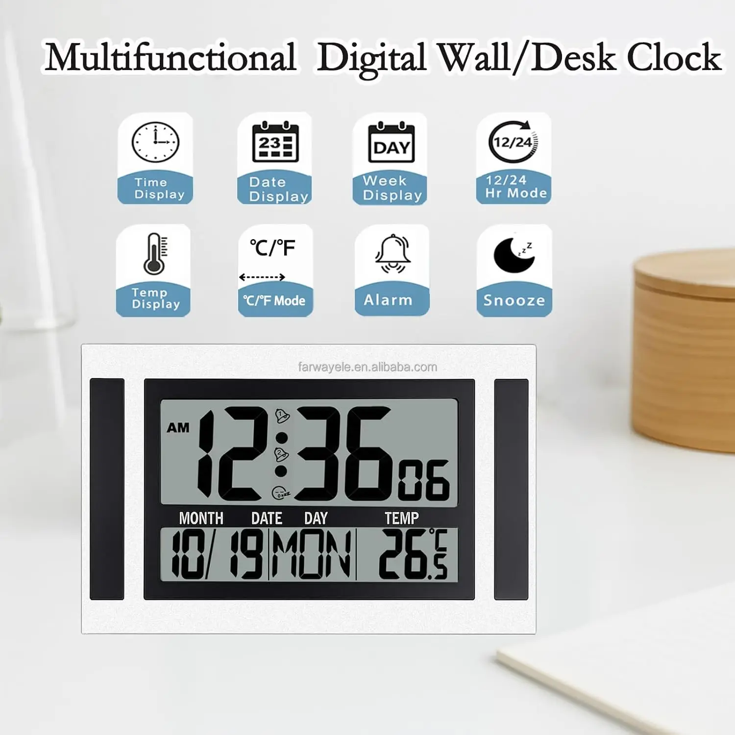 Large Display Digital Wall Clock Battery Operated with Big Numbers,Desk Clocks with Time Date Temperature, 2 Alarms with Snooze