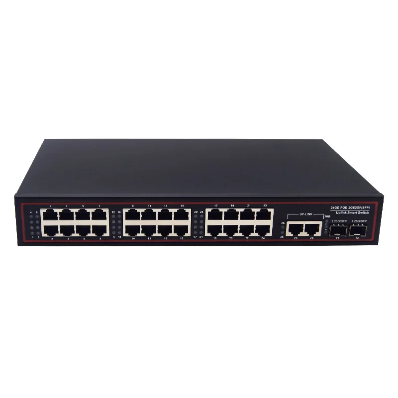 10/100/1000Mbps Gigabit 260W IEEE802.3AT 24-poort POE Glasvezel-switch met 2 RJ45 uplink 2 SFP