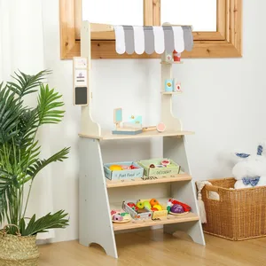 Wooden Grocery Store Toy for Kids Pretend Game Market Stand with Fruit Vegetables Bread Cash Register Educational Toys