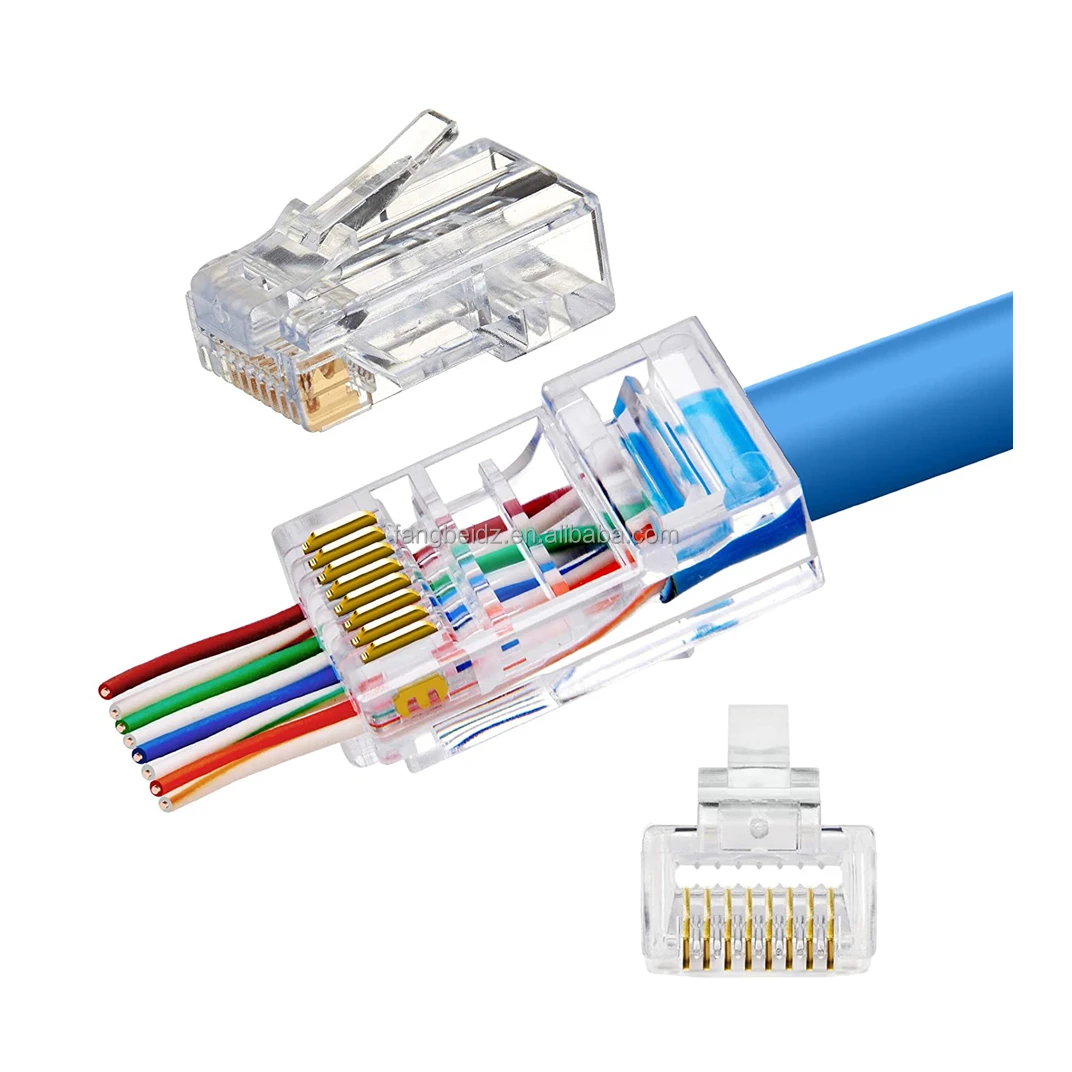 Rj45 Cat5e Pass Through Connectors Fully Gold Plated 3 Prong Ethernet ...