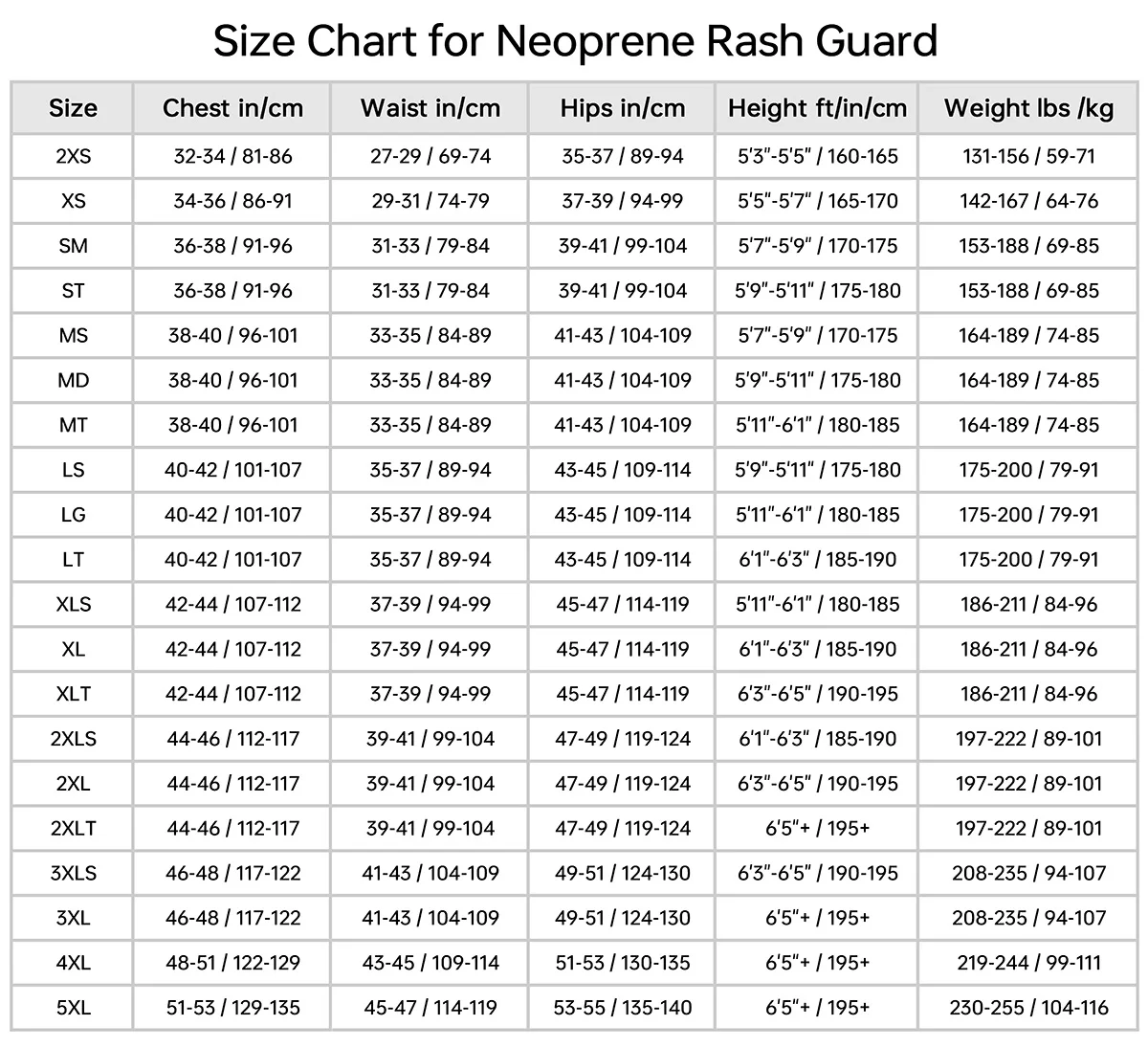Size chart
