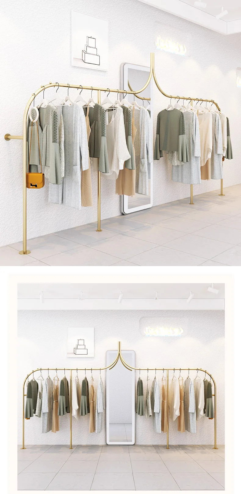 Fashion Golden Cloth Garment Rack Boutique Clothing Stand Stainless