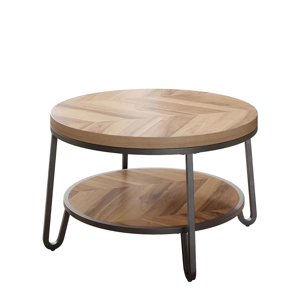 Modern 32\" Circle Accent Center Table with 2-Tier Storage Shelves Easy Assembly Wood Grain Design for Living Room Coffee Table