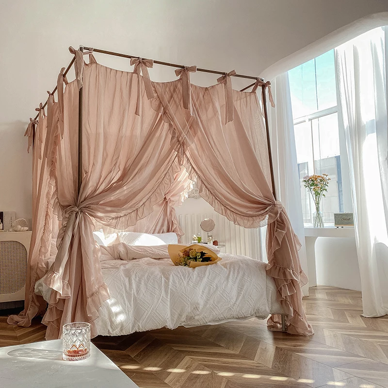 Summer New Japanese Style Simple Senior Princess Ins Style Linen Wind Floor Rail square Top Bed Curtain Bracket Mosquito Net