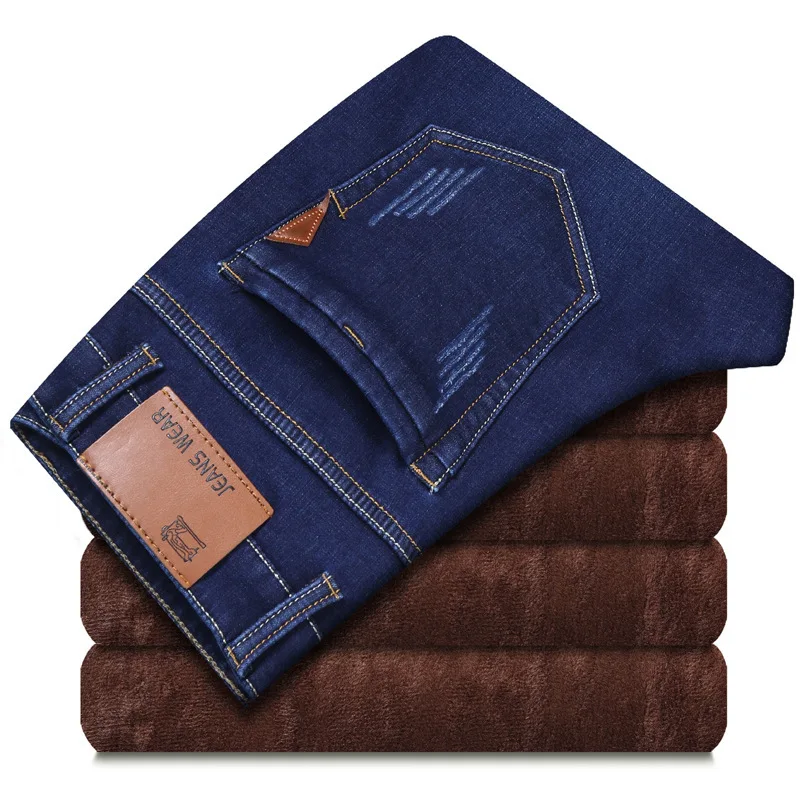 Dropshipping Special Price Men's Fleece-Lined Thickened Straight-Leg Denim Jeans Casual Bleach Wash Mid Waist Fashionable